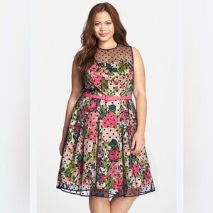 Eliza J. Polka Dot Mesh Floral Print Fit & Flare Sleeveless Dress Size 20W A21